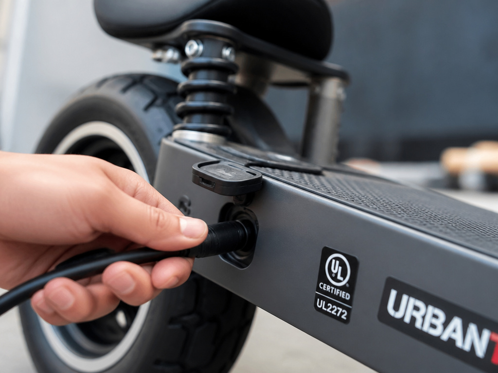 Urbanmax C1 electric scooter charging port with UL2272 safety certification label.