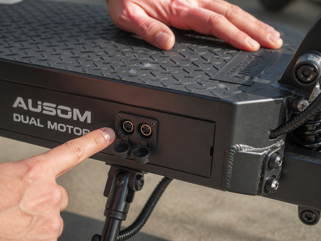 Close-up of Ausom scooter's grippy deck and dual charging ports.