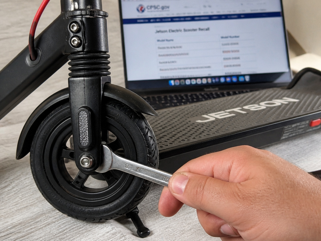 Checking and tightening wheel bolts on a Jetson scooter for safety.