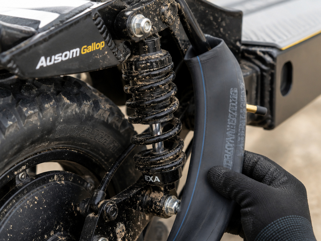 Ausom Gallop scooter rear suspension detail showing DIY protection mod.