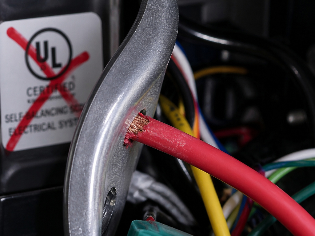 Hoverboard wiring hazard and missing UL safety certification close-up