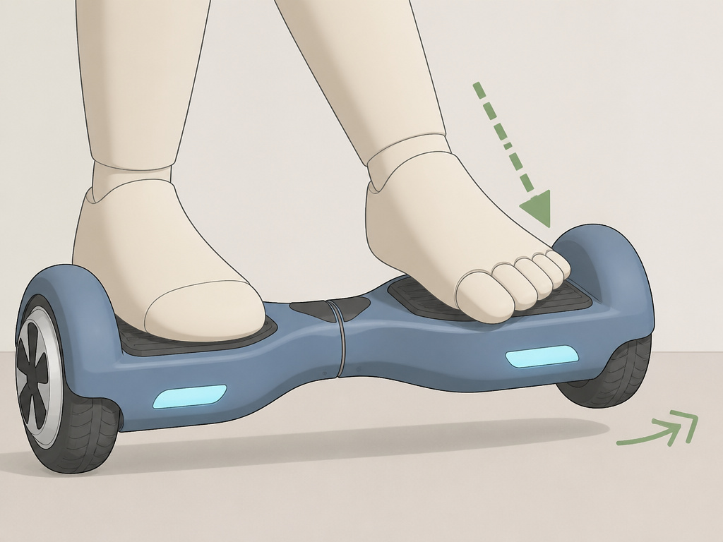 Child learning hoverboard basics with toe press for forward micro-movement