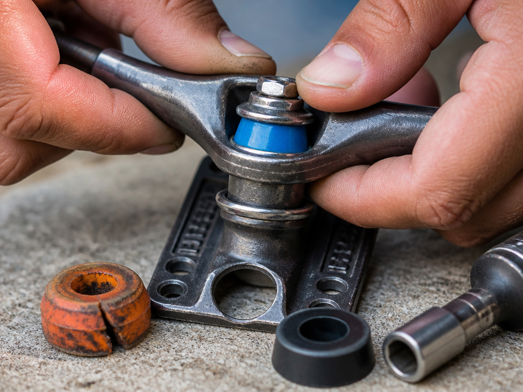 Close-up of worn and new urethane skateboard truck bushings and pivot cup.