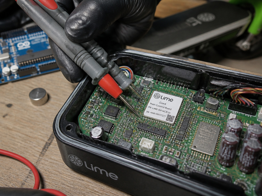 Close-up of bypassing a Lime scooter control board with diagnostic tools