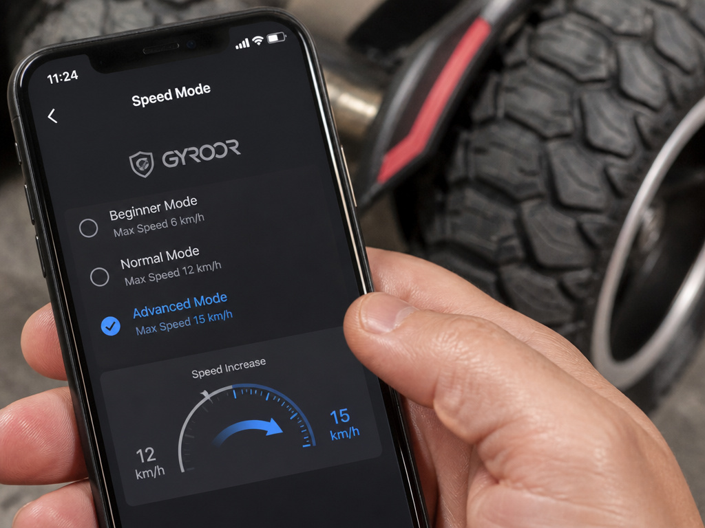 Smartphone app adjusting speed mode on an off-road hoverboard.