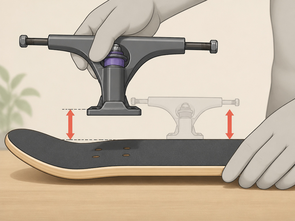 Cartoon comparing tall longboard truck versus standard skate truck on a deck