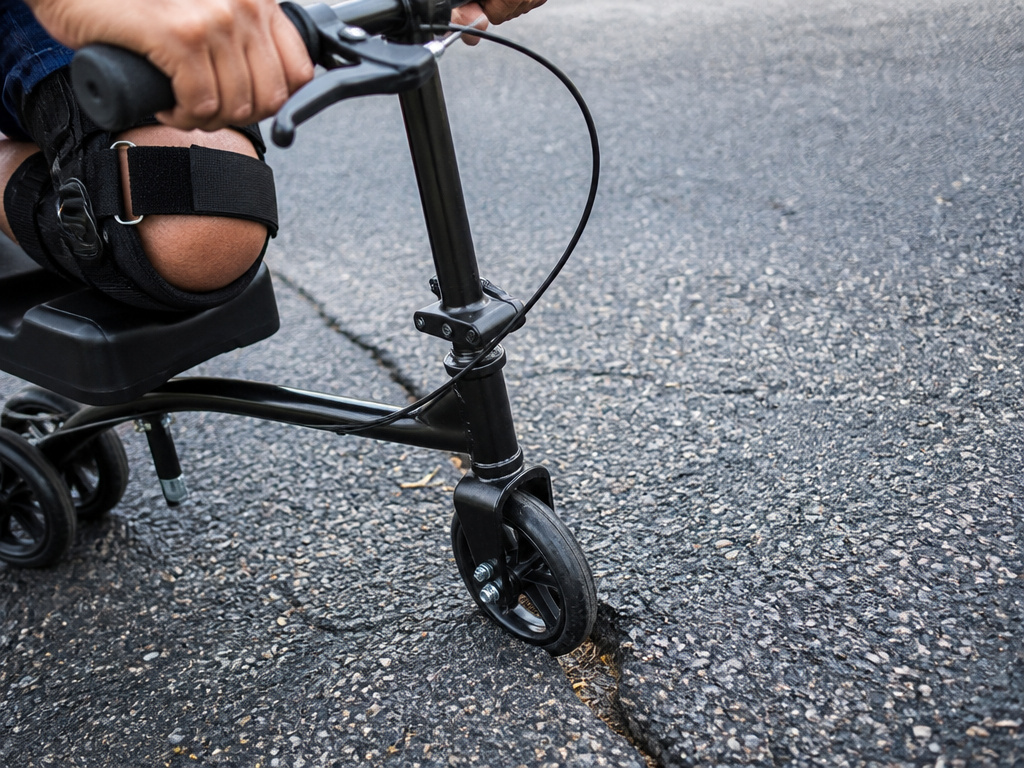 Knee scooter small wheel caught in an outdoor driveway crack.