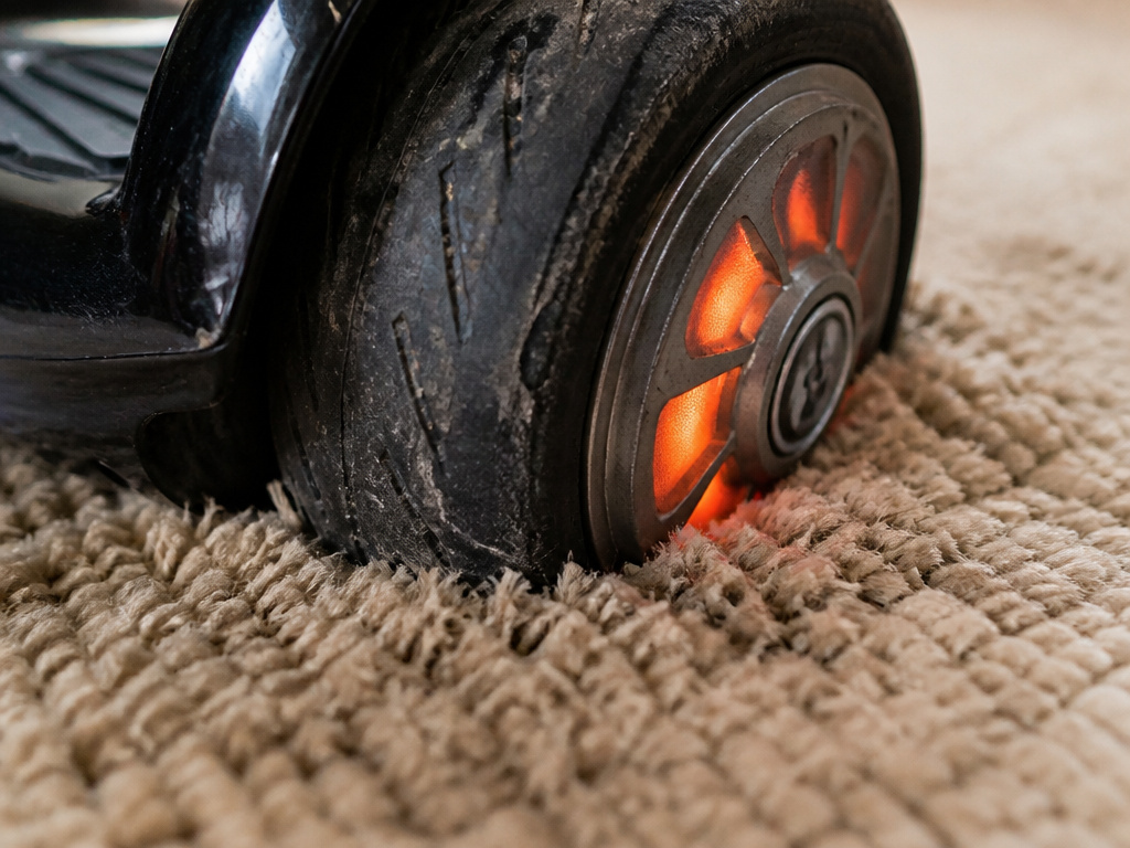 Hoverboard wheel stuck and overheating on thick carpet pile.