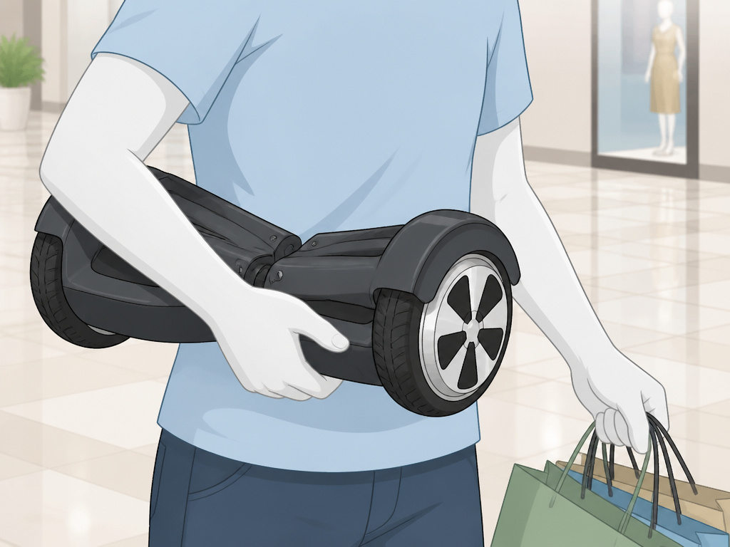 Person carrying a hoverboard instead of riding it inside a shopping mall.