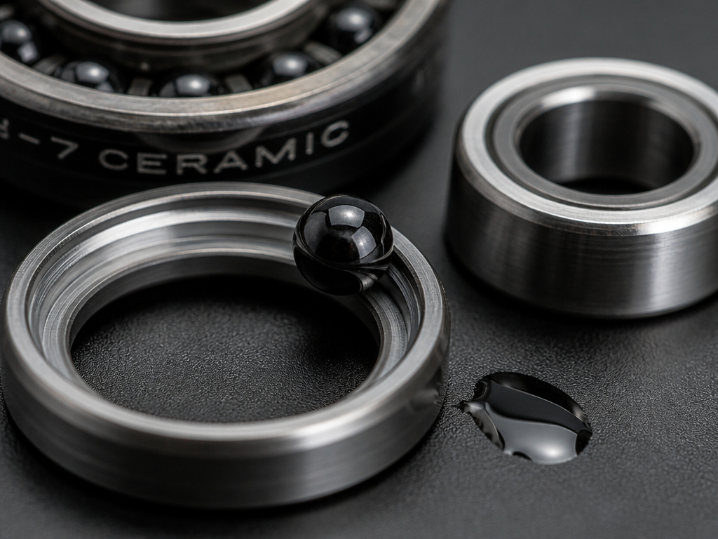 Close-up of hybrid ceramic skateboard bearing showing black ceramic ball and steel ring.