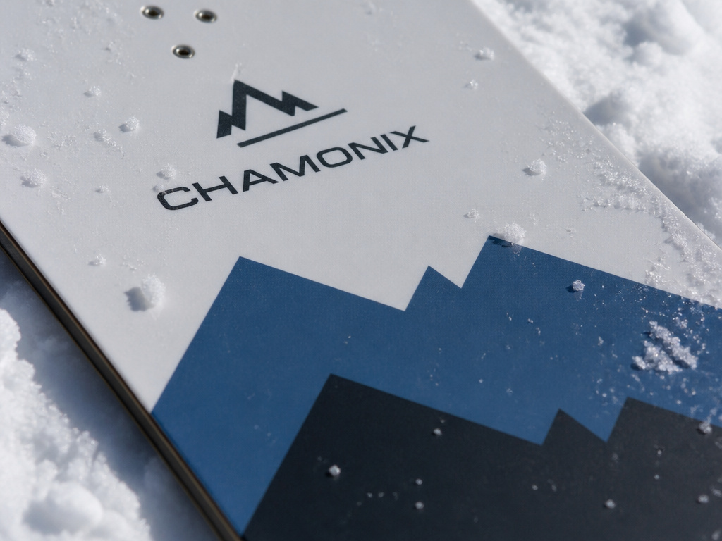 Close-up of a simple, functional Chamonix snowboard graphic design.