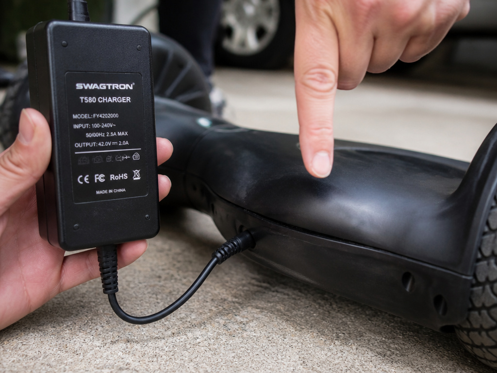 Swagtron T580 swollen battery warning next to official charger on concrete