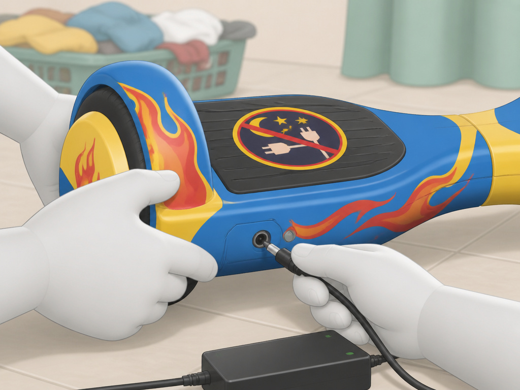 Adult plugging in a kids hoverboard safely on a clear floor.