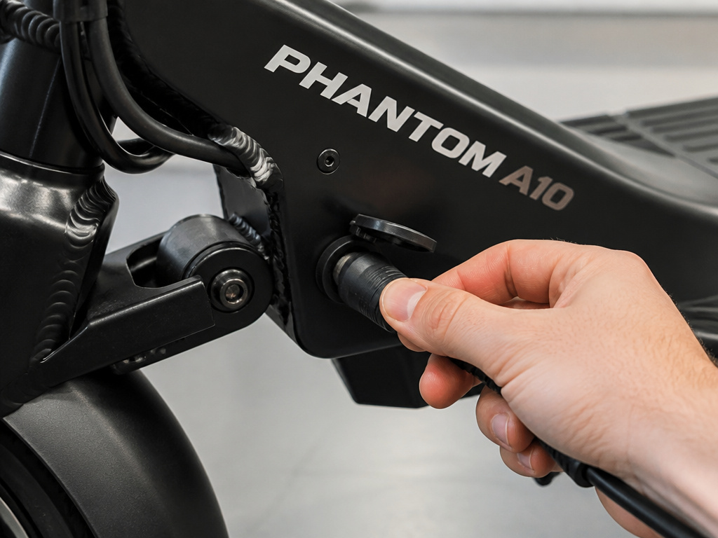 Phantom A10 electric scooter being charged with its original 42V power adapter.