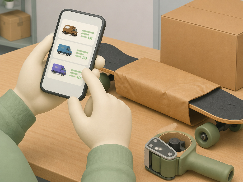 Comparing shipping carrier rates for a longboard on a smartphone screen.