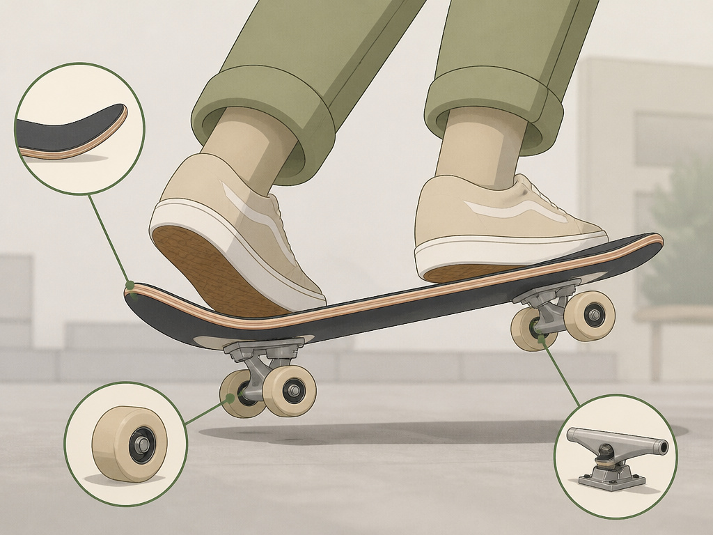Cartoon diagram of an ollie on a cruiser longboard highlighting key setup features.
