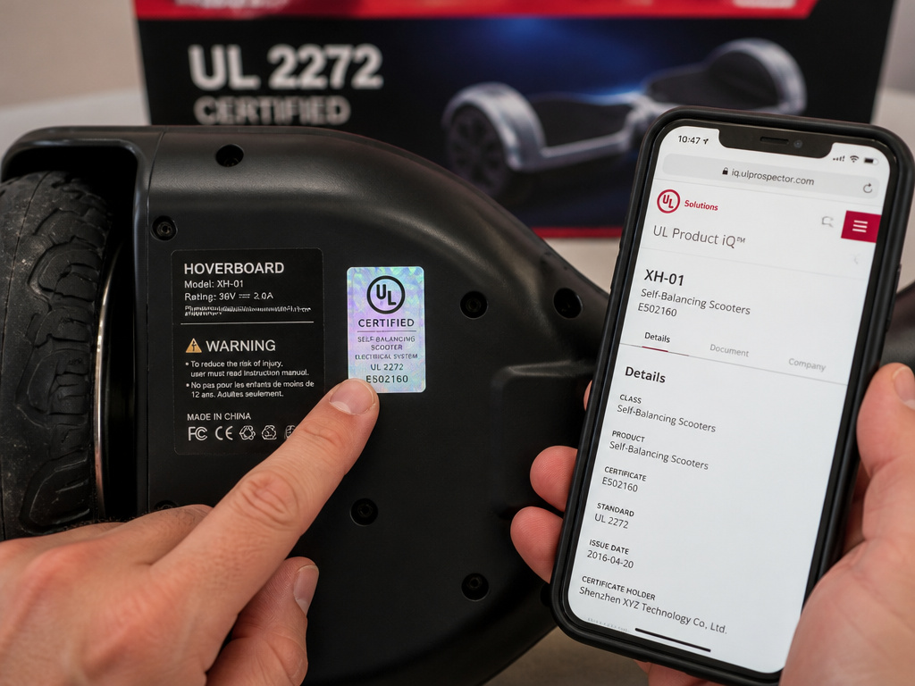 Close-up of verifying UL 2272 safety certification on a hoverboard.