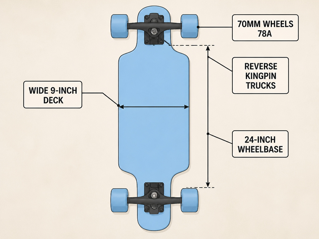 Beginner drop deck longboard diagram highlighting key specs for stability.