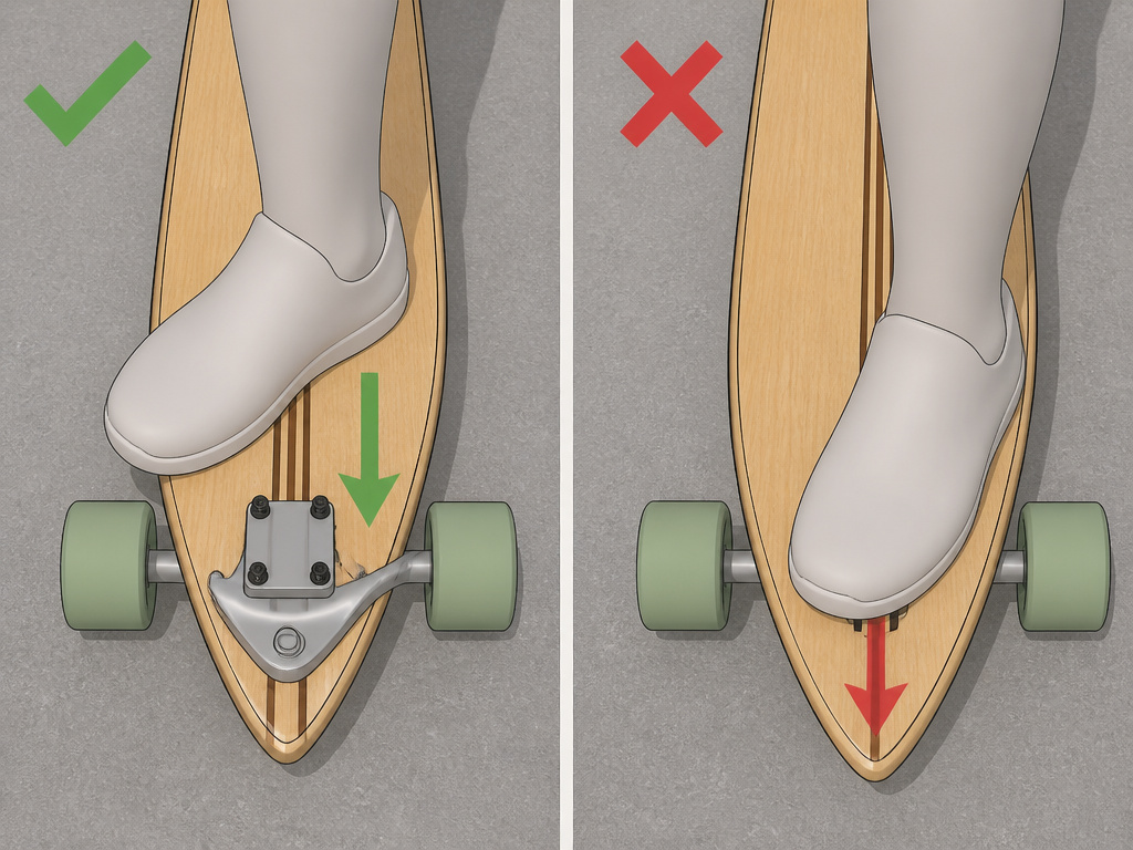 Correct and incorrect foot placement on a pintail longboard for beginners