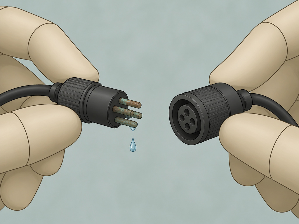 Close-up of a corroded electric scooter throttle connector with water droplet.