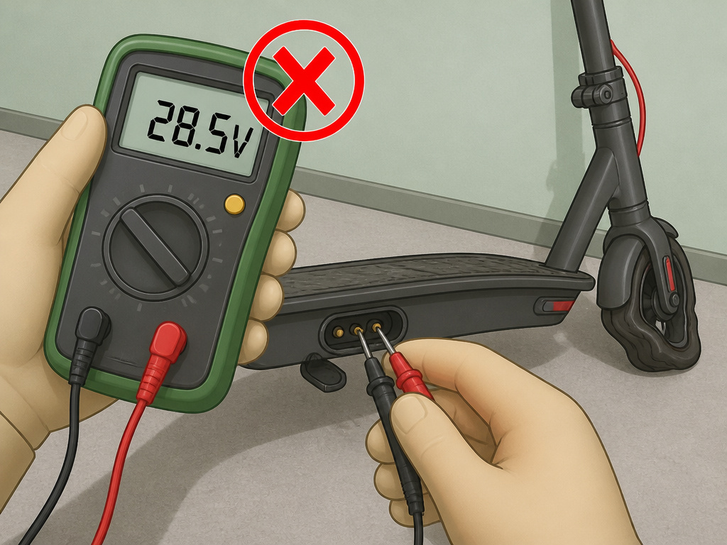 Troubleshooting iScooter i14 battery voltage with a multimeter diagnostic tool.