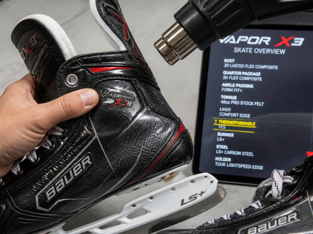 Bauer Vapor X3 skate boot thermoformable spec sheet and LS+ steel runner close-up