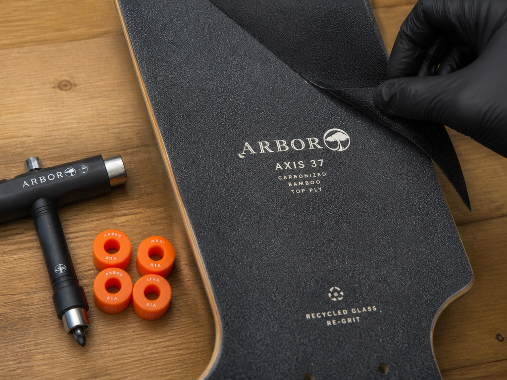 Upgrading an Arbor Axis 37 longboard with new griptape and bushings.