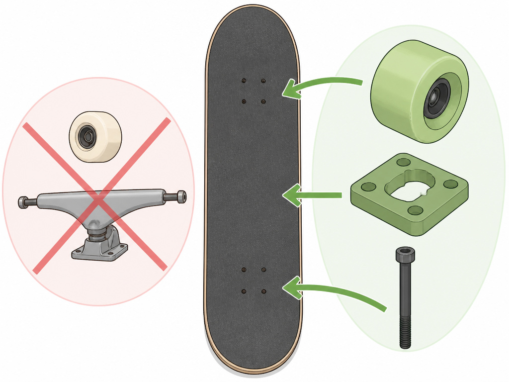 Diagram comparing skateboard and longboard components for a conversion project.