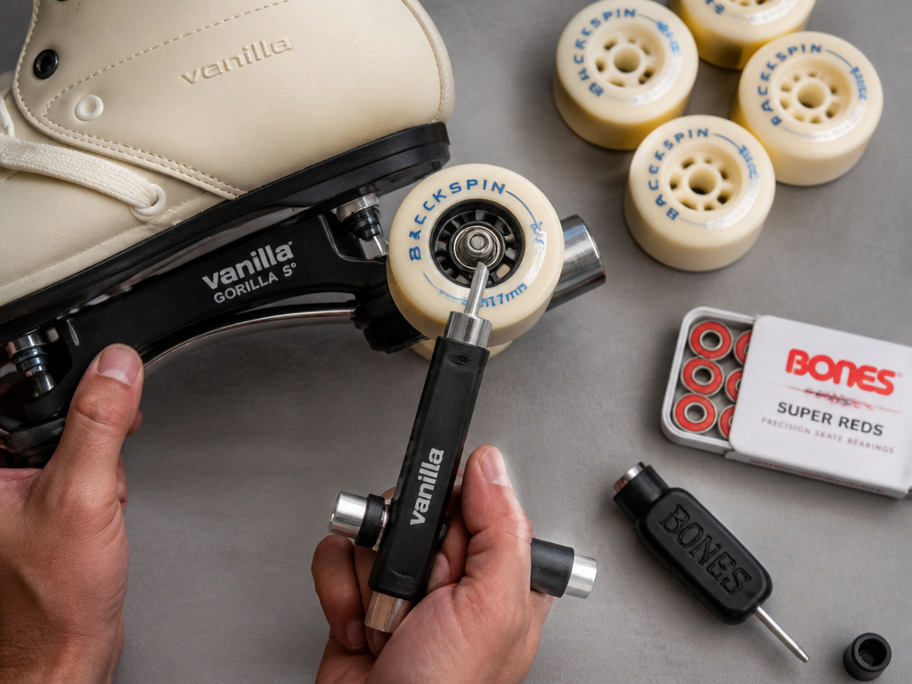 Close-up of Vanilla skate components: Gorilla plate, wheels, bearings, and tools.