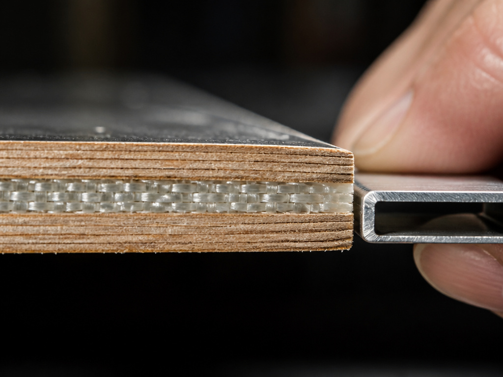 Composite longboard deck cross-section showing fiberglass reinforcement layers