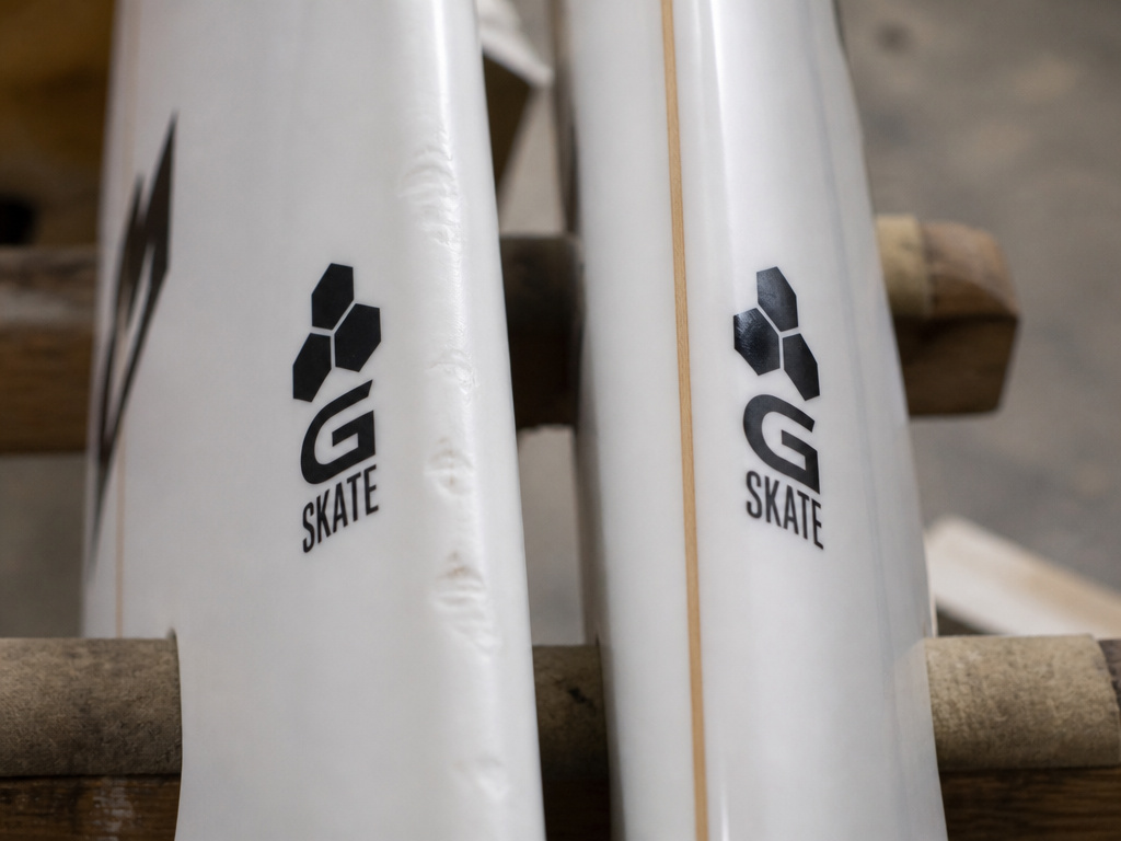 Close-up comparison of PU vs Spine-Tek construction on a Channel Islands G Skate surfboard.