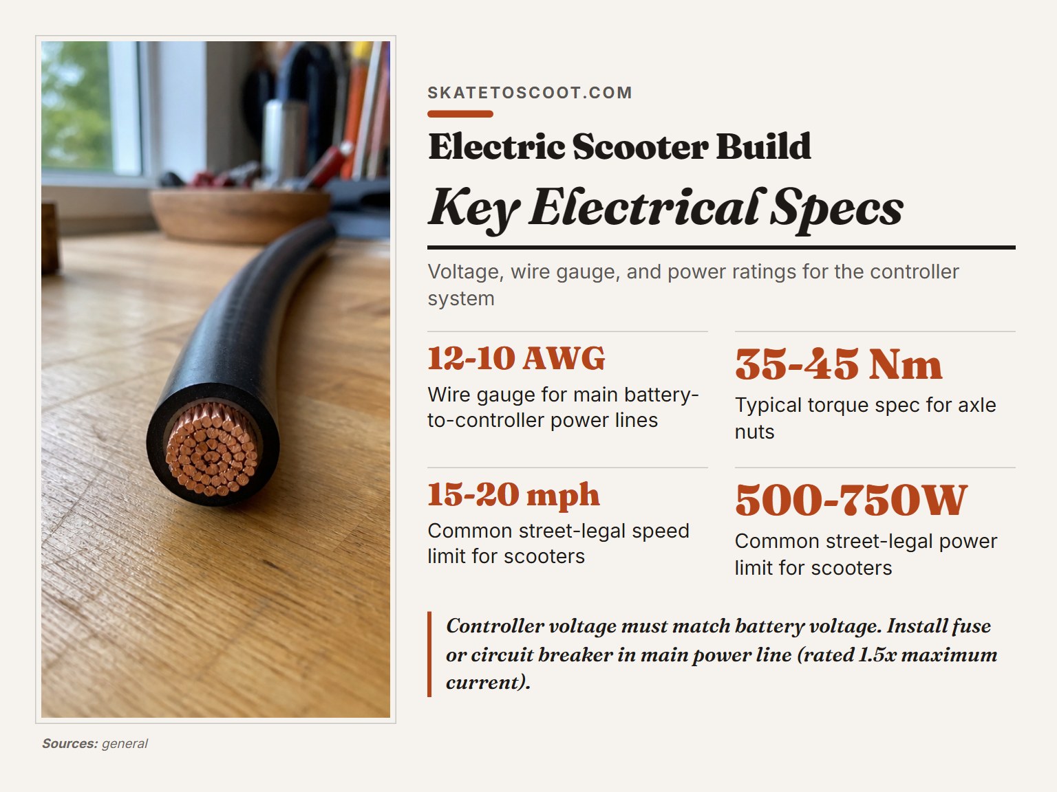 Close-up of thick gauge electrical wire for an electric scooter power system.