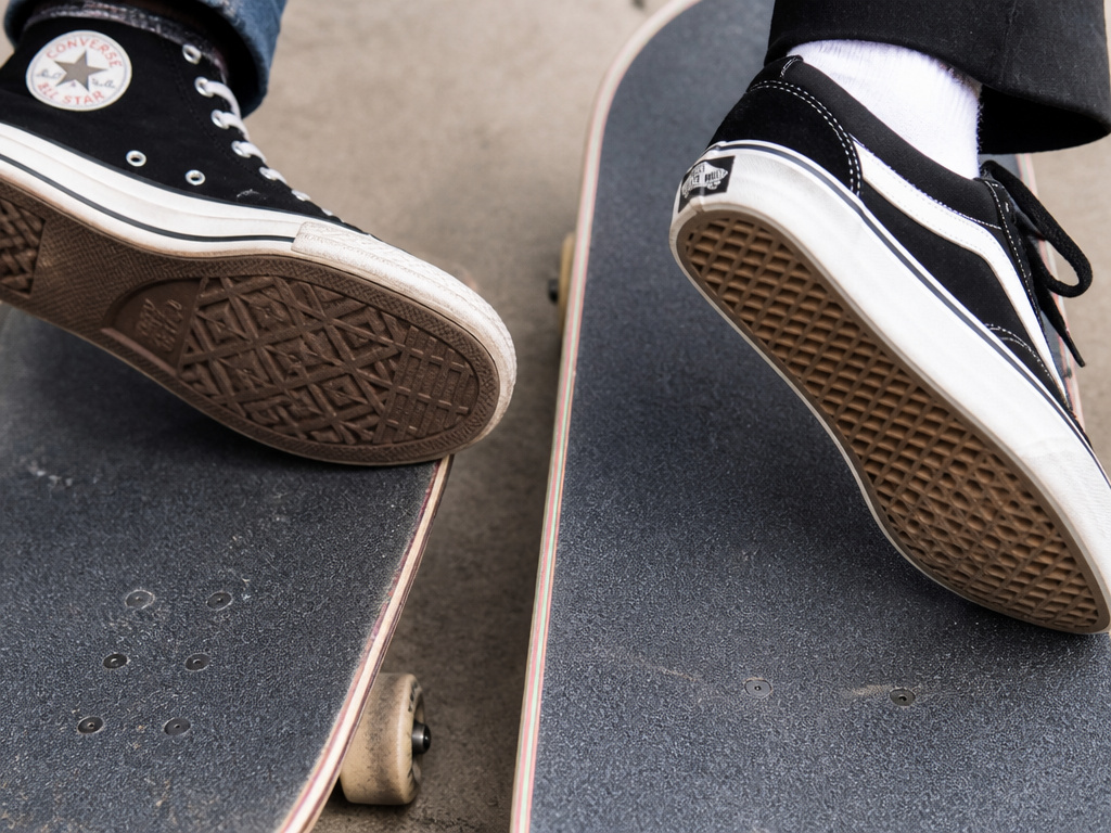 Close-up comparison of Converse Chuck Taylor Pro vs Vans Pro skate shoes on boards.