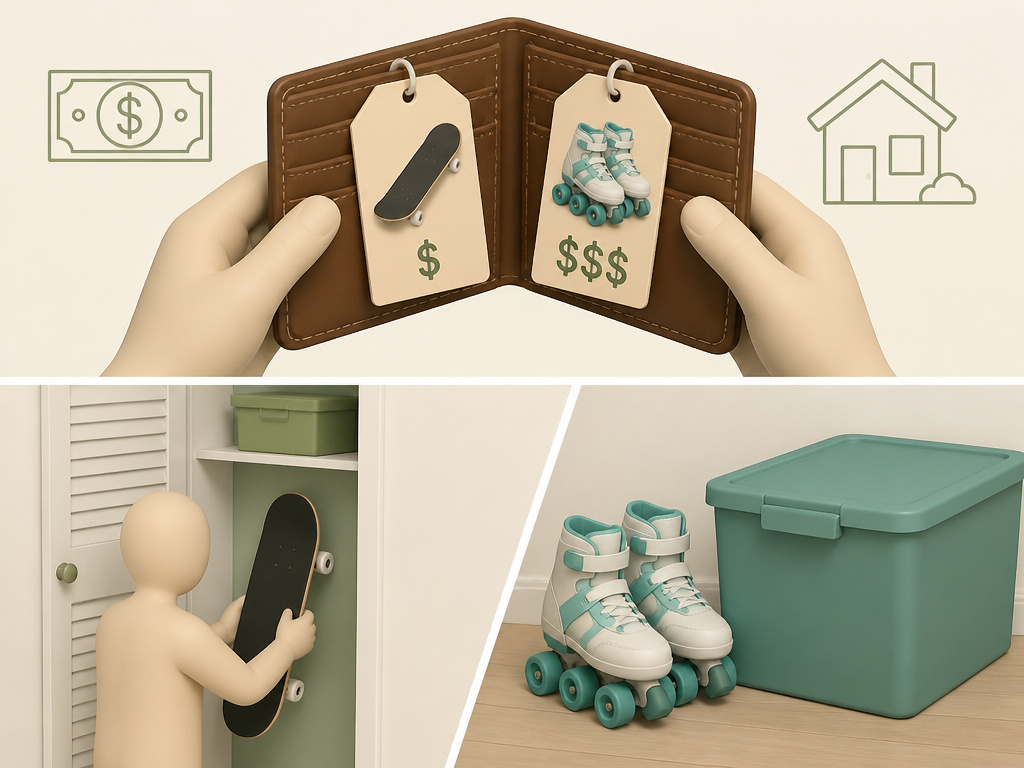 Cost and storage comparison between skateboards and roller skates.