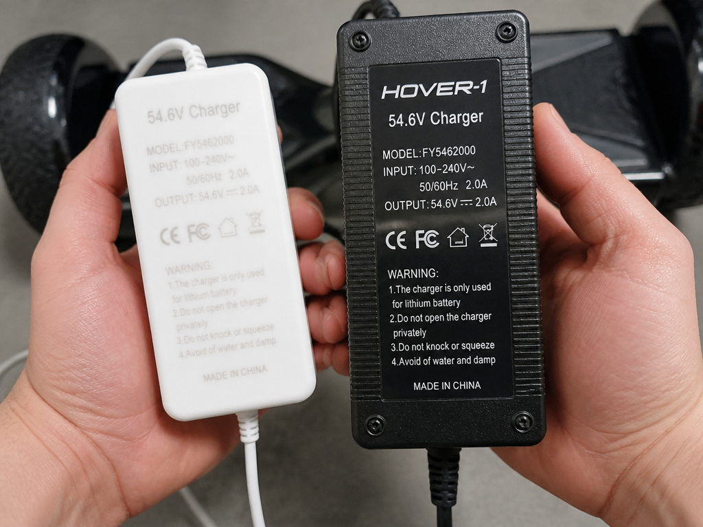Comparison of a fake generic hoverboard charger versus a genuine branded one.