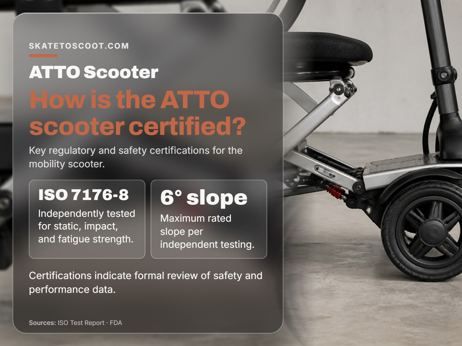ATTO mobility scooter showing its frame and solid tire on a plain background.