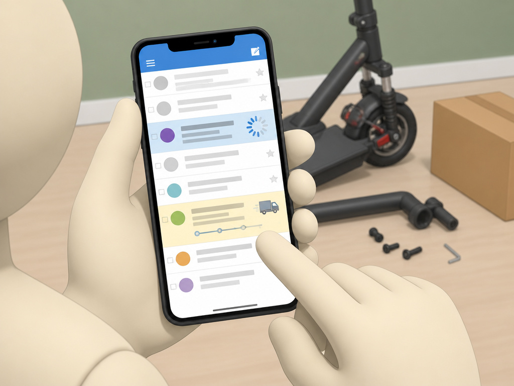 Frustrated Nanrobot scooter owner checking email for support and shipping updates.