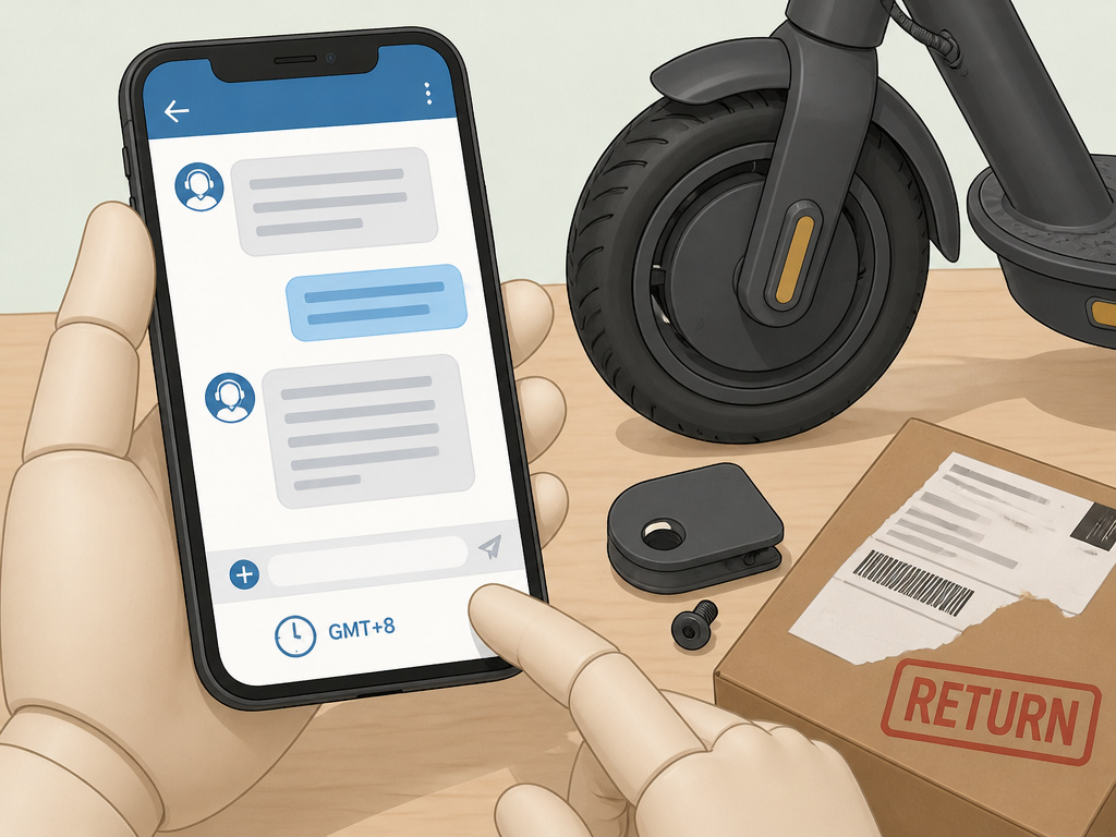 Isinwheel scooter customer support chat and parts availability cartoon illustration
