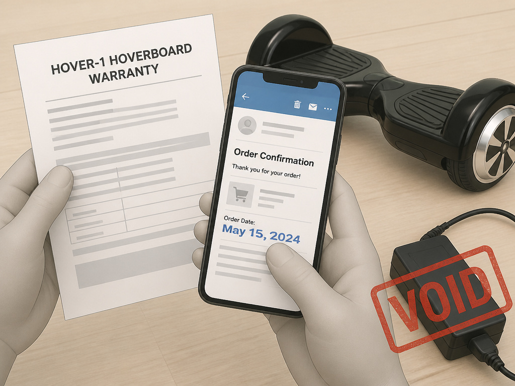 Hover-1 warranty requirements showing receipt, hoverboard, and voided charger