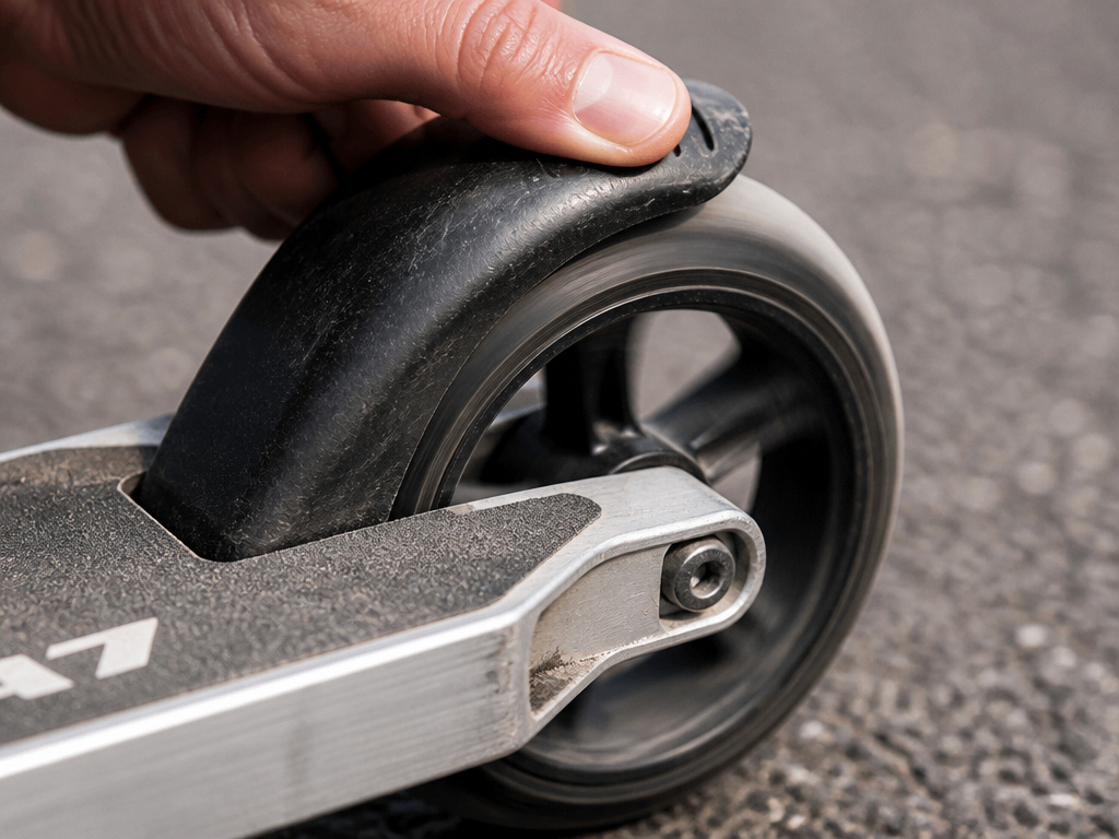 Kickped scooter rear stomp brake in use on asphalt road