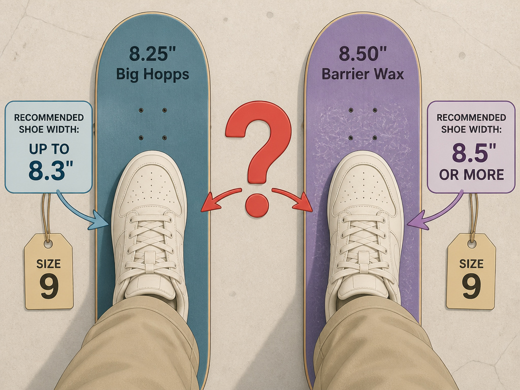 Conflicting Hopps skateboard deck size recommendations for shoe size 9.