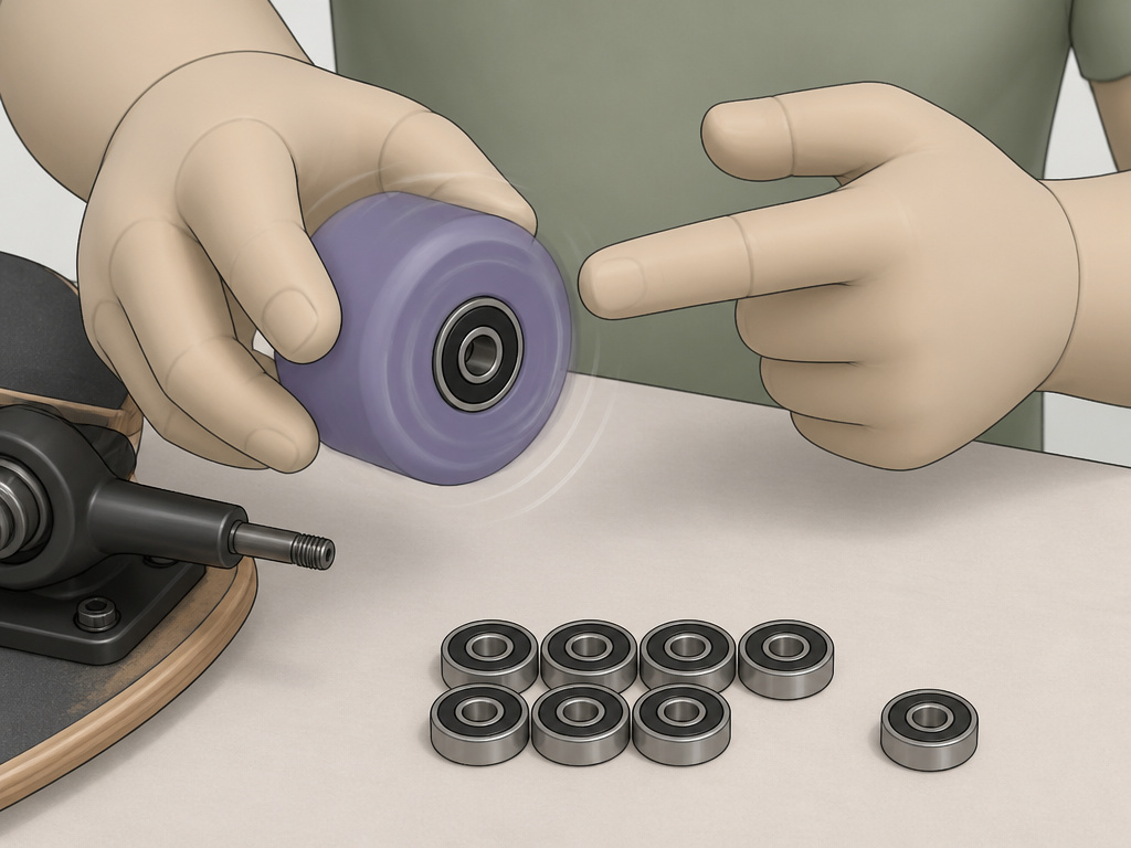 Close-up of hands checking a longboard wheel bearing for grit or wear.