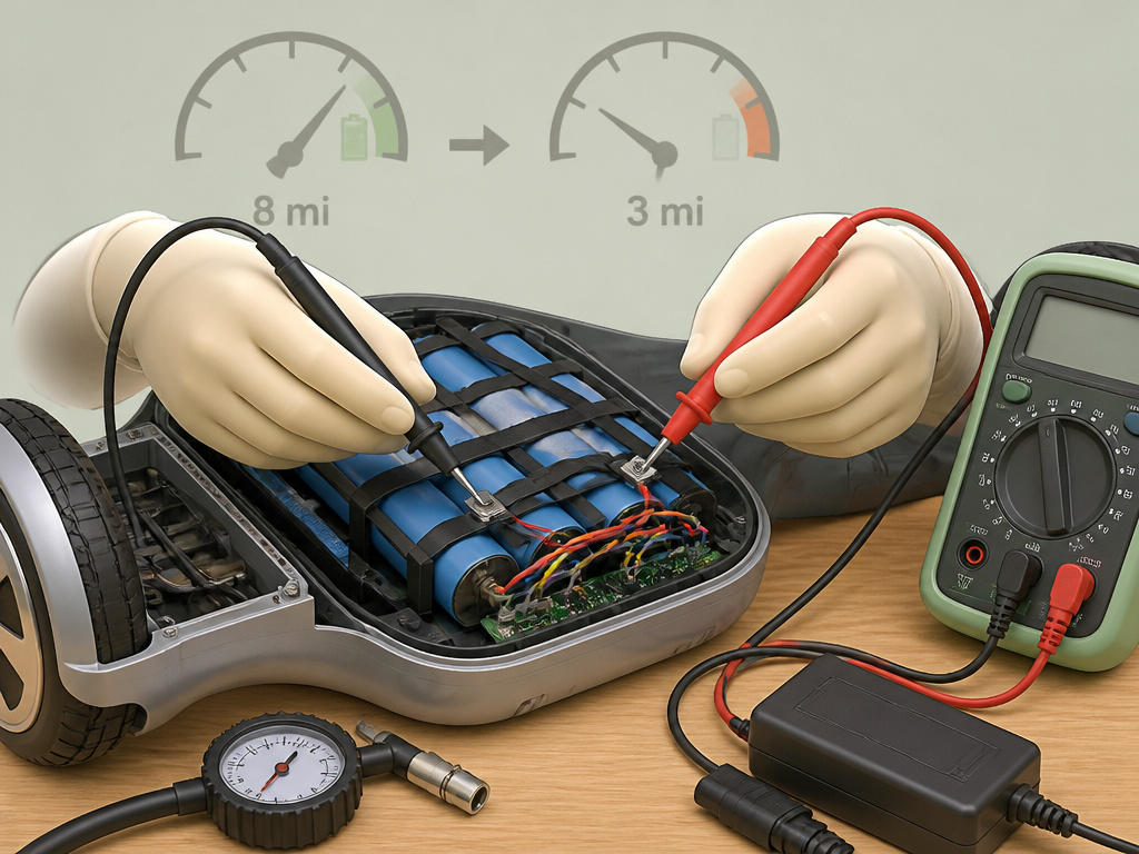 Diagnosing hoverboard battery problems with a multimeter and tools on workbench.