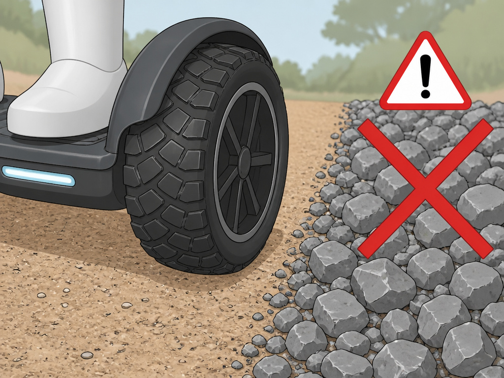 Hoverboard tire on packed dirt versus dangerous loose gravel terrain.
