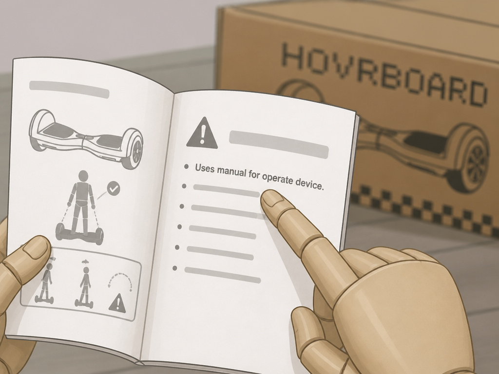 Close-up of fake hoverboard manual with poor translation and misspelled branding