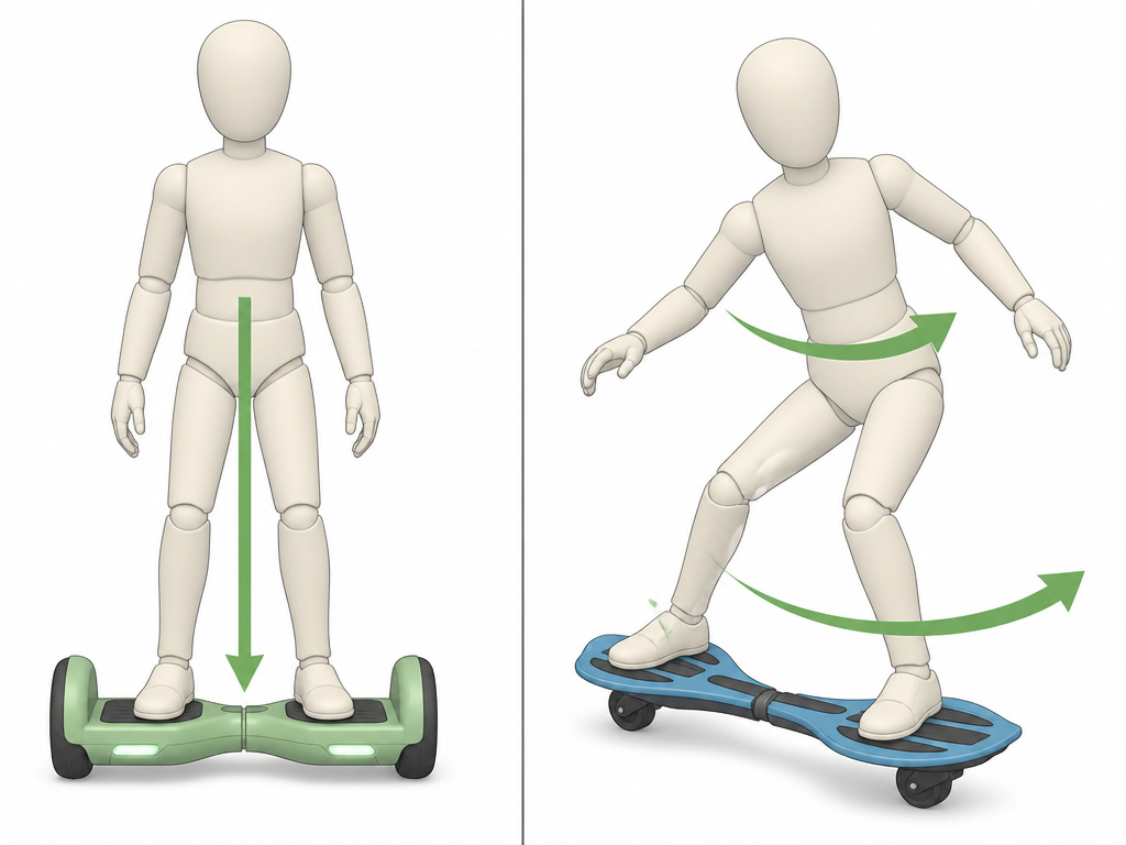 Diagram comparing static hoverboard balance to dynamic waveboard motion.