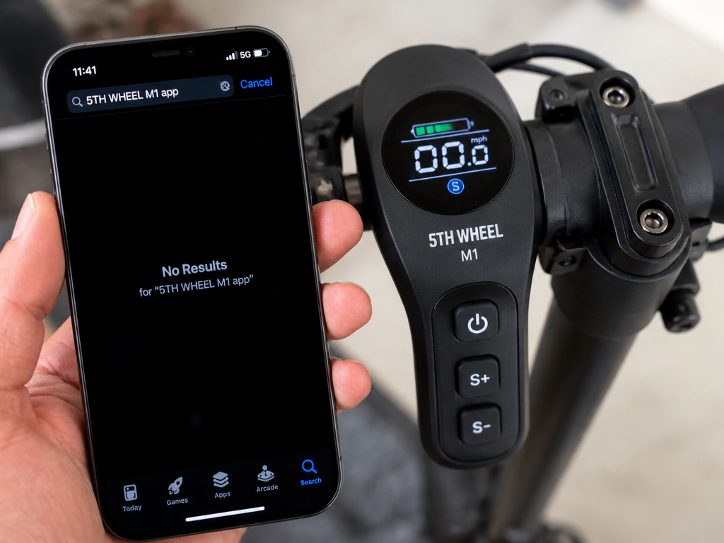 Smartphone with no app found next to 5TH WHEEL M1 scooter dashboard.