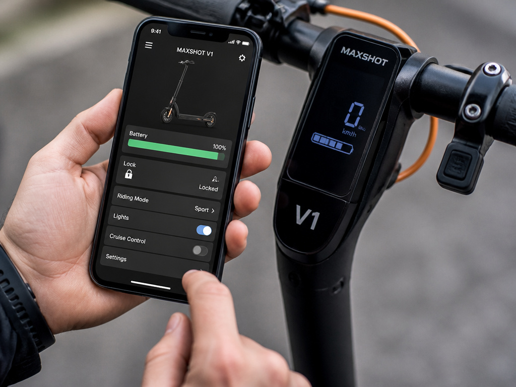 Smartphone app interface for controlling a Maxshot V1 electric scooter.