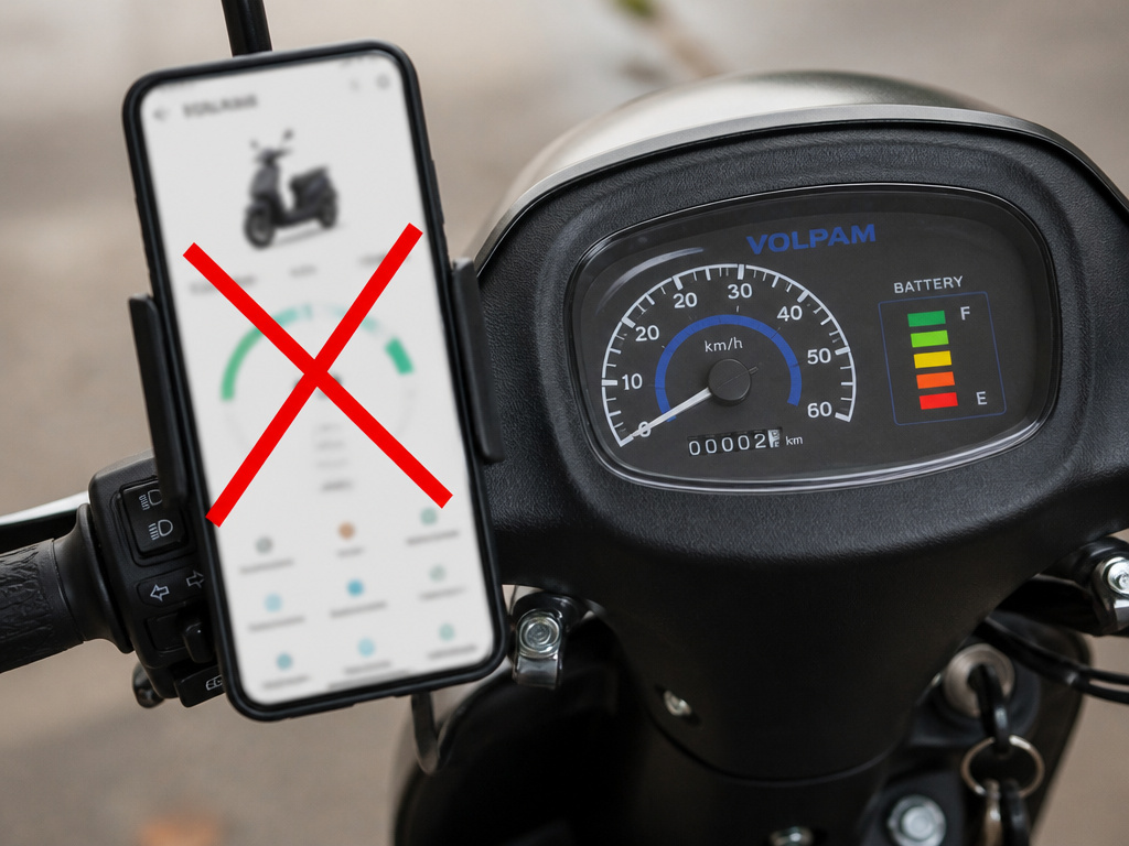 Volpam scooter dashboard with phone showing no companion app available
