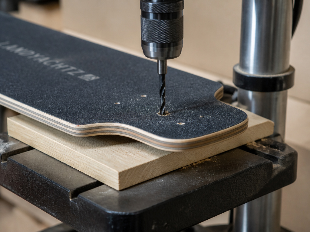 Drilling truck mounting holes in a longboard deck using a drill press.